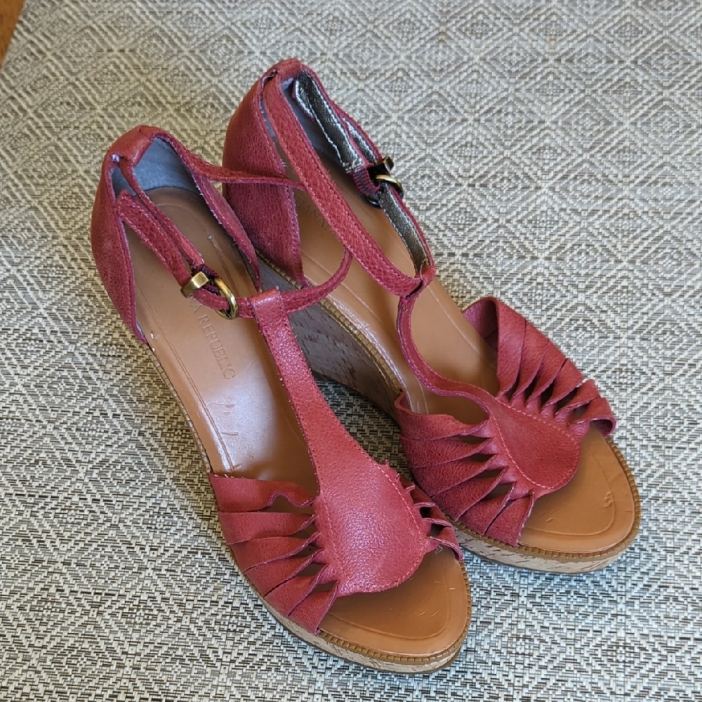 Women's Red Leather Cork Wedge Sandals